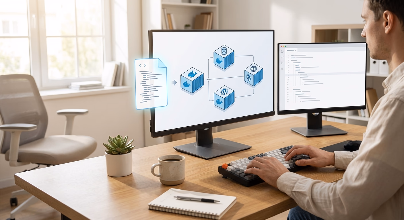 Docker Compose 로고와 코드 블록, 컨테이너들이 조립되는 모습